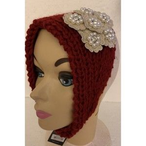 Mad Style Burgundy Pearl Floral Knit Headwrap Button Closure NEW